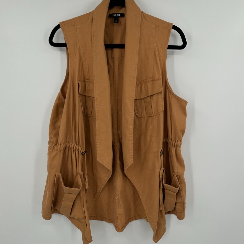 Torrid Linen Drape Front Vest Womens 0 Yellow Shawl Lapel Shirttail Hem Outdoor